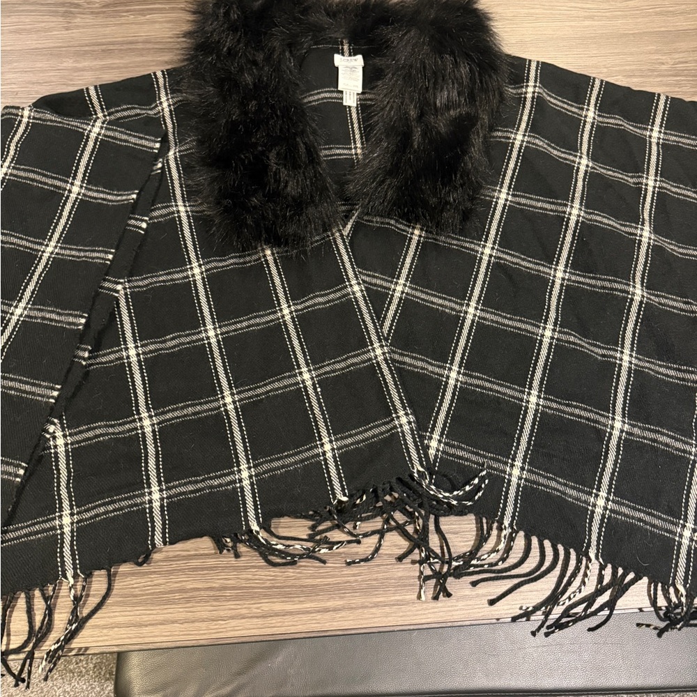 J. Crew Black and White Plaid Cape with Faux Fur Collar